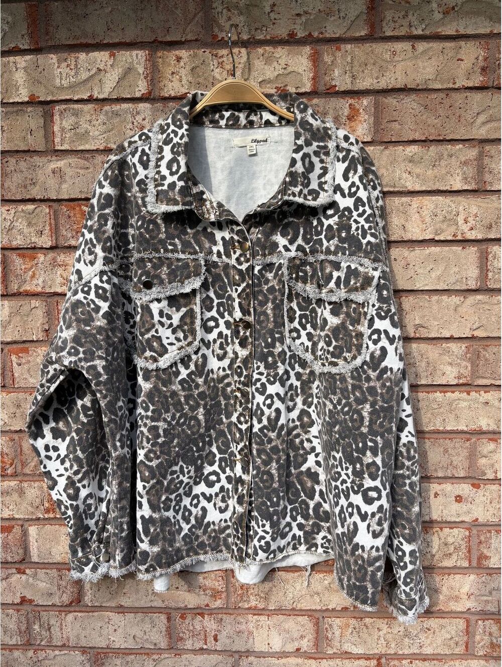 Lilypad Distressed Leopard Print Denim Trucker Jacket Size 2XL